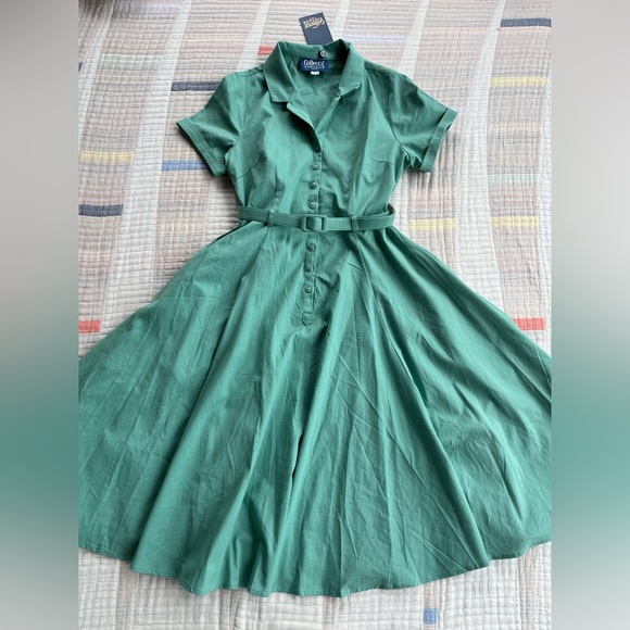 Colectif Vintage London Catalina Sea Green Swing House Dress Buttons Belt NWT - Picture 3 of 13
